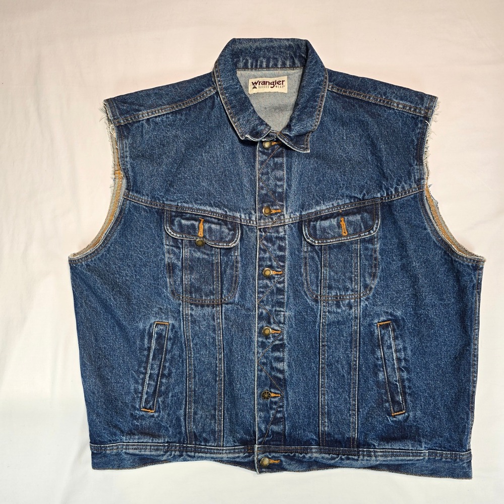 Wrangler Rugged Wear Mens Blue Denim Vest Sleeveless Trucker Jacket XL XXL